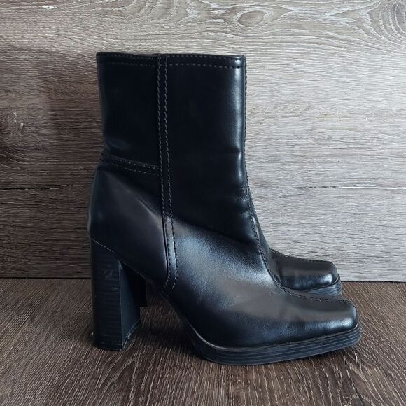 Vintage 90s George Black Square Toe Heel Platform Boot 5 - Picture 1 of 11